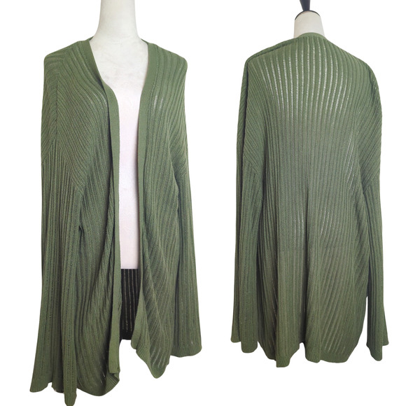 Autumn Green Long Line Slouchy Cardigan Ladder Knit Wide Sleeves Women's L - Picture 1 of 8